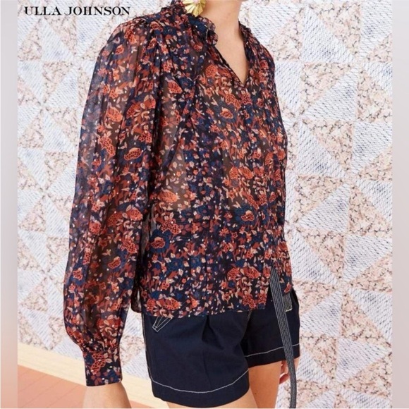 Ulla Johnson Silk Floral Long Sleeve Metallic Edith Blouse Size 2 Small Navy Top - Picture 3 of 16